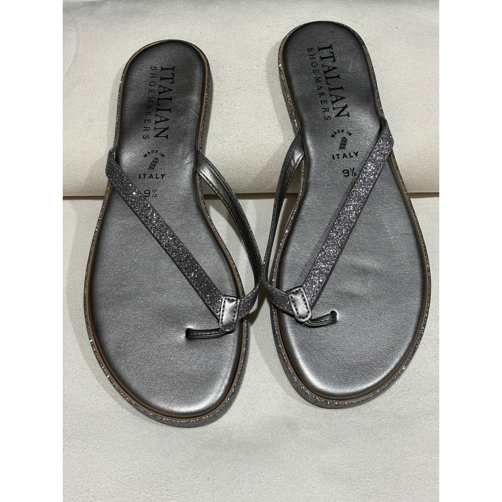 Italian Shoemakers Sandals Women 9.5 Gray Glitter Flat Flip Flop Made in Italy